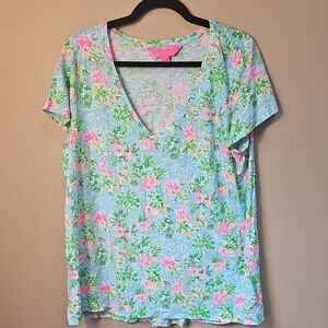 Lilly Pulitzer Disney Mickey Minnie Blue and Pink Floral V-Neck Top